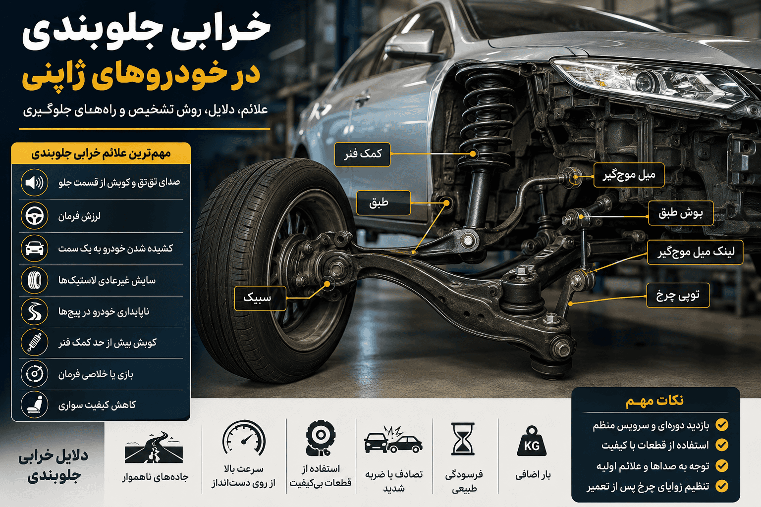 خرابی جلوبندی در خودروهای ژاپنی؛ علائم، دلایل، روش تشخیص و راه‌های جلوگیری از خرابی